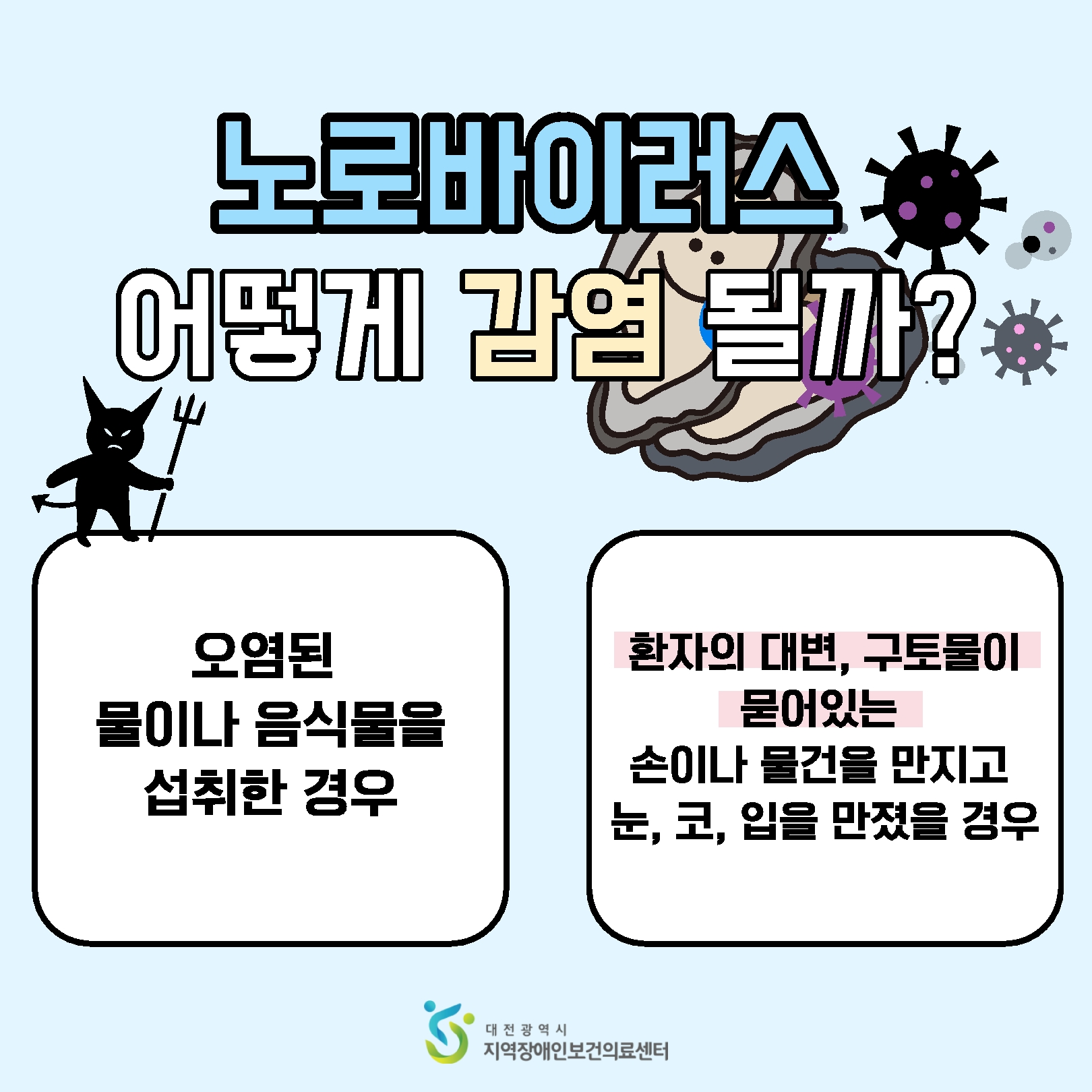 노로바이러스 어떻게 감염될까? 오염된 물이나 음식물을 섭취한 경우, 환자의 대변 또는 구토물이 묻어 있는 손이나 물건을 만지고 눈, 코, 입을 만졌을 경우.