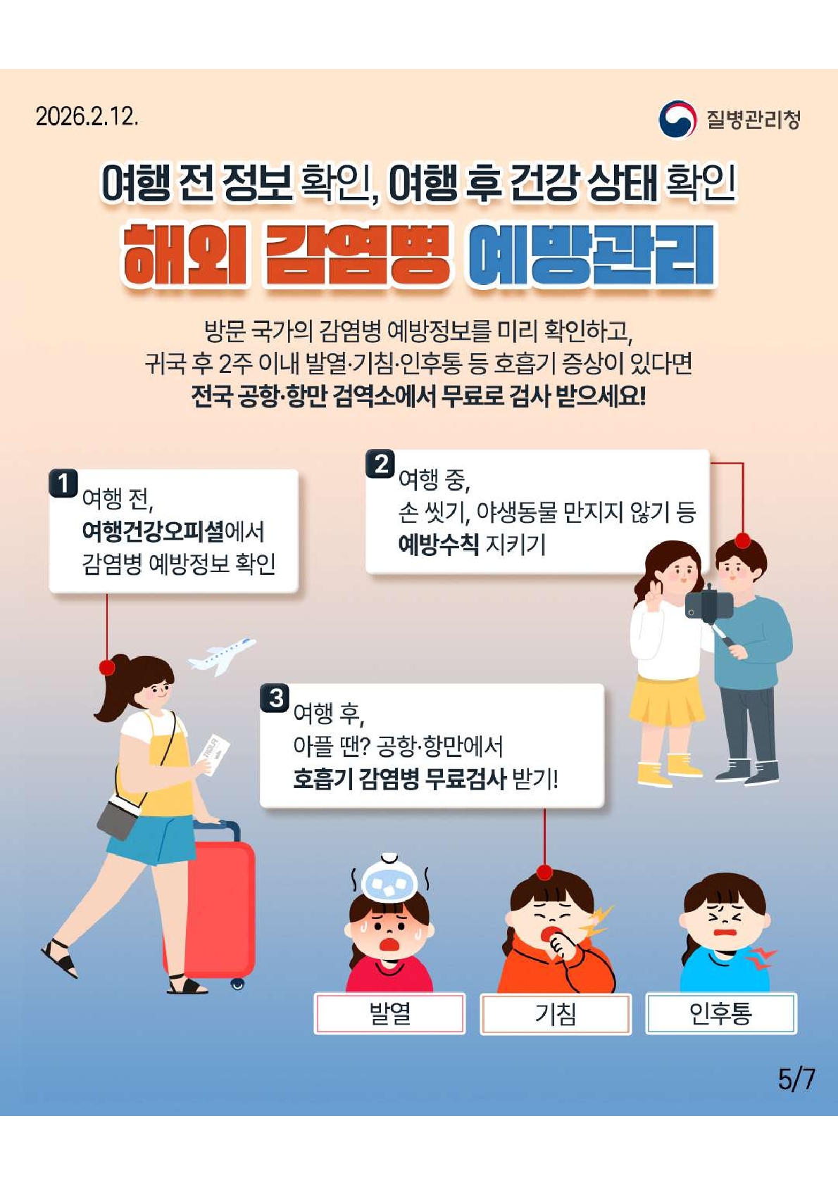 여행 전 정보 확인, 여행 후 건강상태 확인, 해외 감염병 예방관리, 방문 국가의 감염병 예방정보를 미리 확인하고, 귀국 후 2주 이내 발열 및 기침, 인후통 등 호흡기 증상이 있다면 전국 공항,항만겸역서 무료로 검사 받으세요! 1.여행전(여생건강오피셜에서 감염병 예방정보 확인), 여행 중 손 씻기, 야생동물 만지지 않기 등 예방수칙 지키기, 여행 후 아플 떈 공항 항만에서 호흡기 감염병 무료검사 다가, 발열, 기침, 인후통.