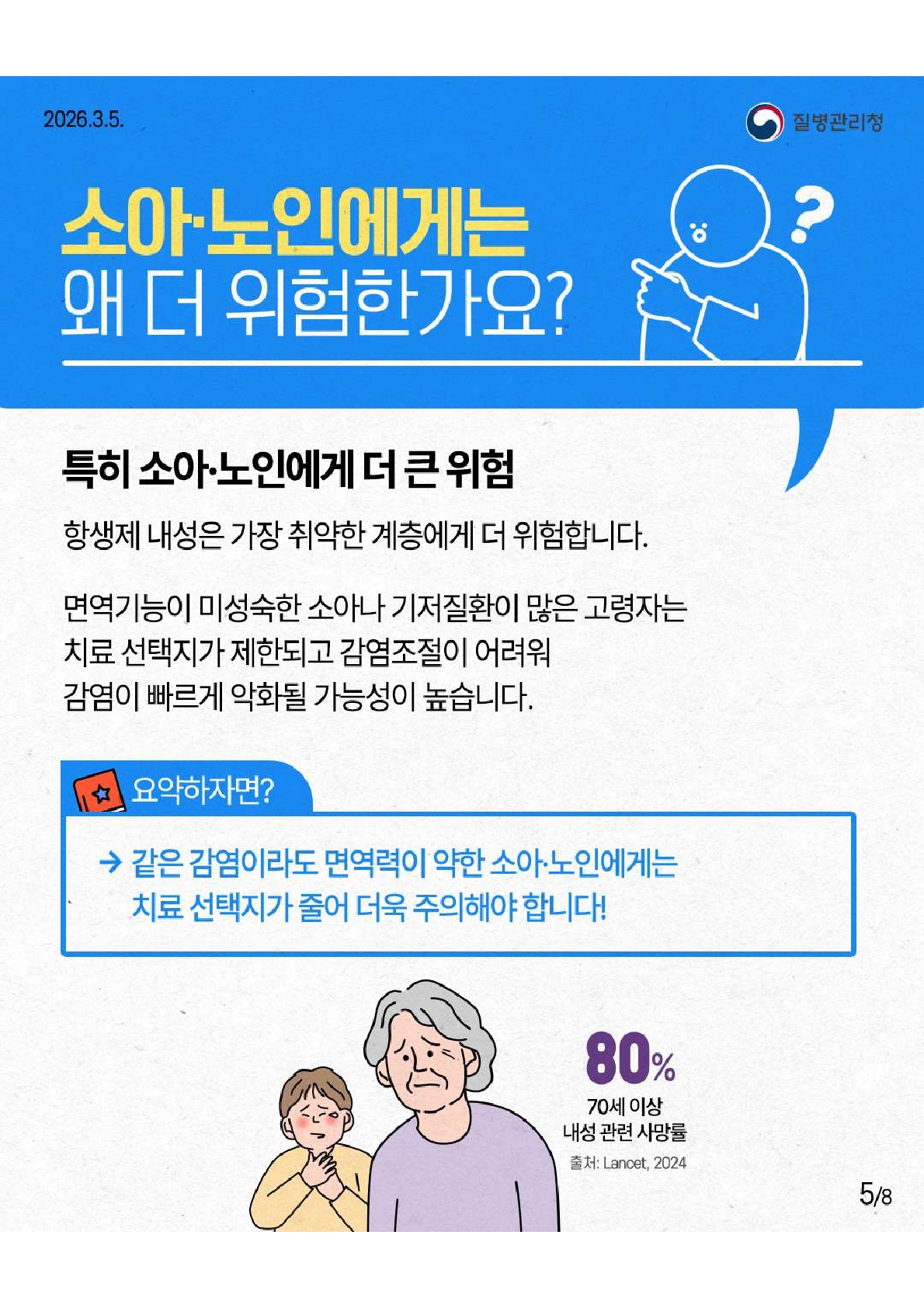 소아 및 노인에게는 왜 더 위험한가요? 특히 소아나 노인에게 더 큰 위험. 항생제 내성은 가장 취약한 계층에서 더 위험합니다. 면역기능이 미성숙한 소아나 기저질환이 많은 고령자는 치료 선택지가 제한되고 감염조절이 어려워 감염이 빠르게 악화될 가능성이 높습니다. 요약하자면 같은 감염이라도 면역력이 약한 소아나 노인에게는 치료 선택지가 줄어 더욱 주의해야 합니다.