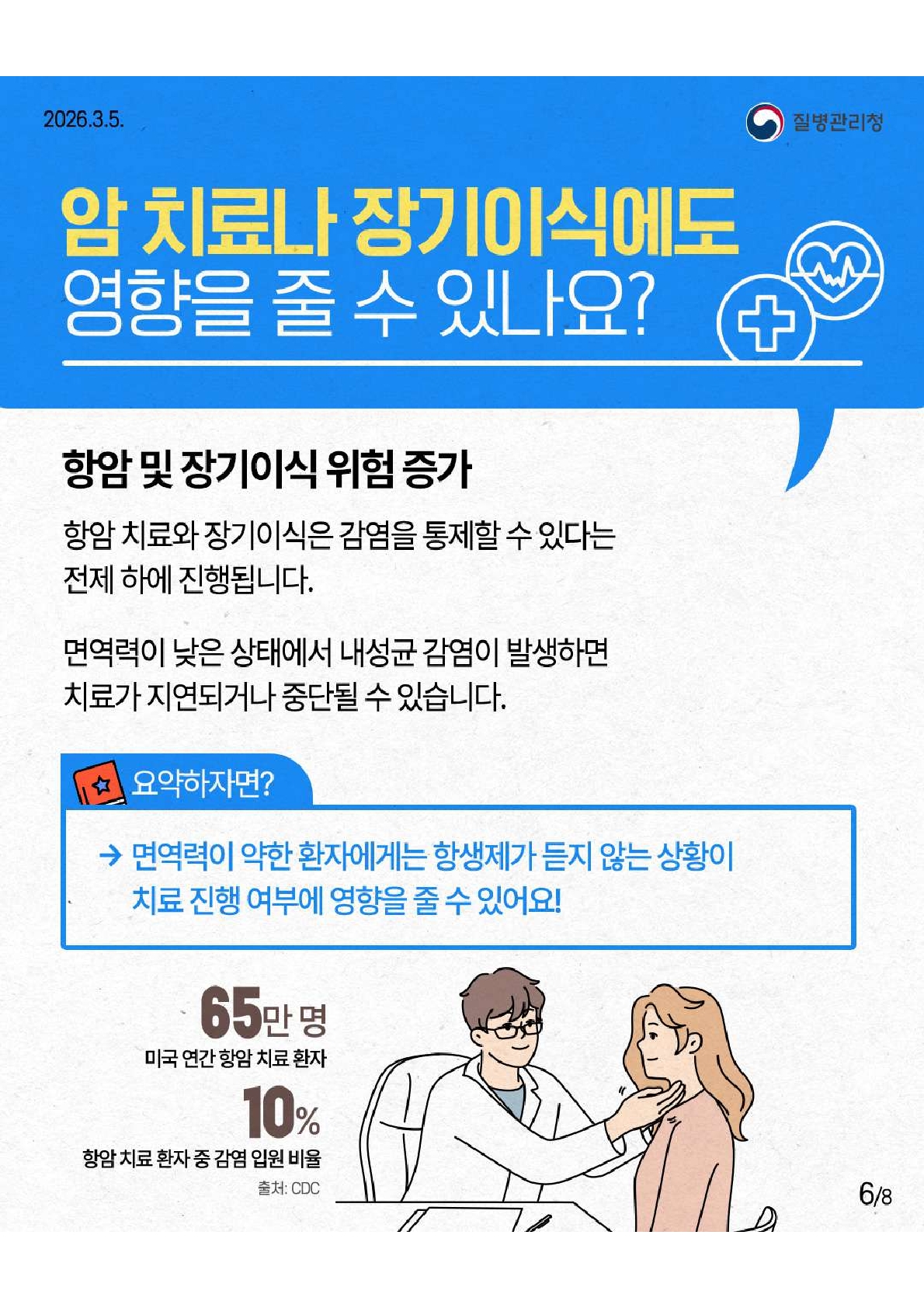암 치료나 장기이식에도 영향을 줄 수 있나요? 항암 및 장기이식 위험 증가. 항암 치료와 장기이식은 감염을 통제할 수 있다는 전제 하에 진행됩니다. 면역력이 낮은 상태에서 내성균 감염이 발생하면 치료가 지연되거나 중단될 수 있습니다. 요약하자면 면역력이 약한 환자에게는 항생제가 듣지 않는 상황이 치료 진행 여부에 영향을 줄 수 있어요.